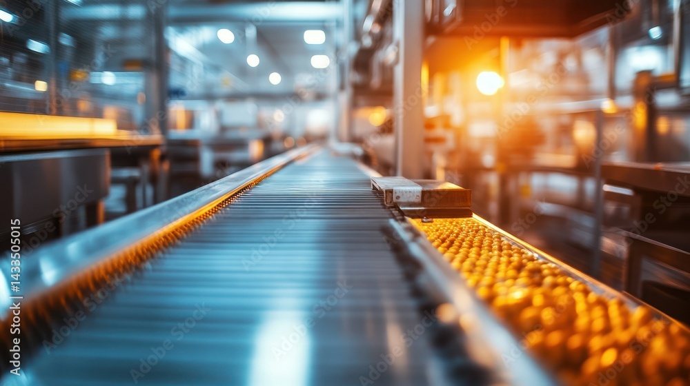 Poster conveyor belt efficiently moves goods through factory, displaying production process through automat