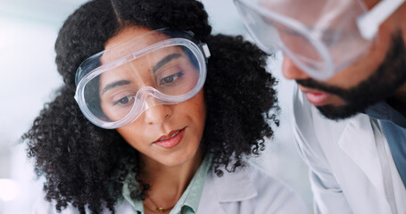 Woman, man and scientist with goggles, discussion and review with safety for medical research....