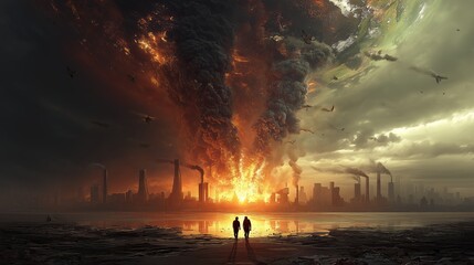 surreal photography of the planet Earth covered in thick smoke and industrial pollution, with large factories emitting steam into the atmosphere. 