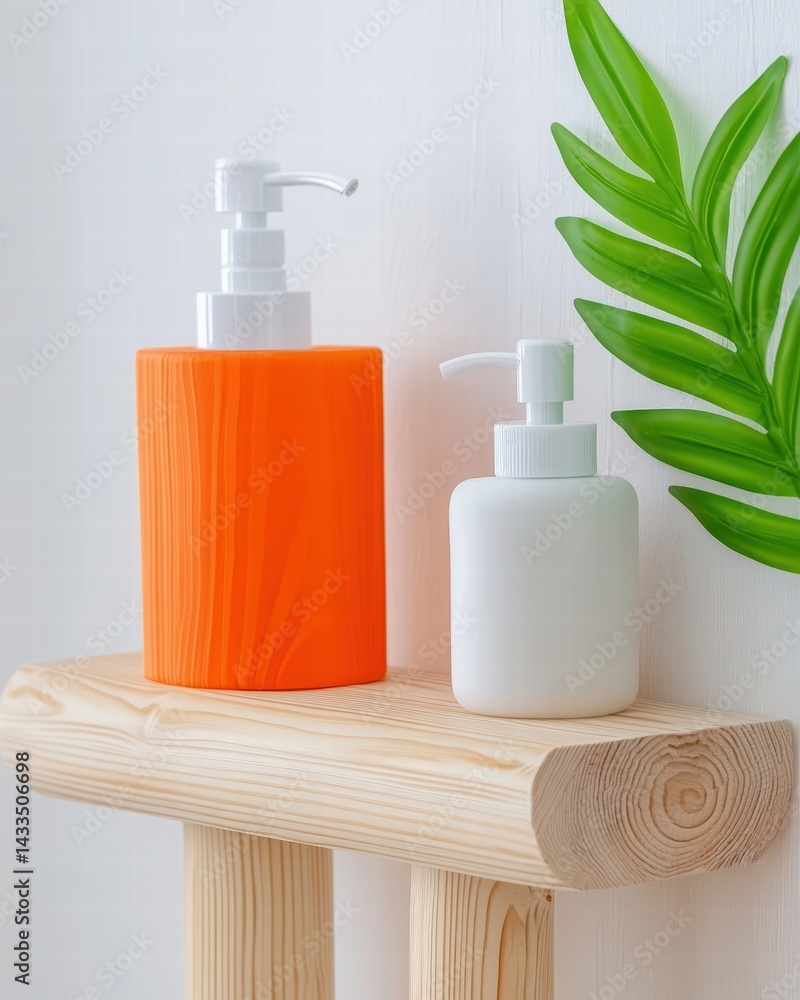 Poster well-organized shelf displaying various bottles of soap and lotion for a neat bathroom environment