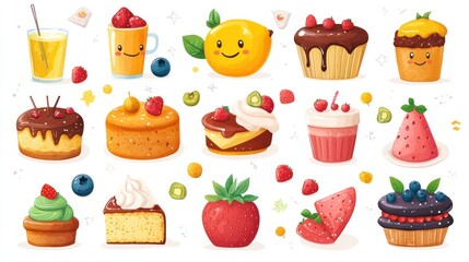 Cute cartoon desserts, drinks, fruits, white background, food design