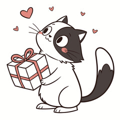 Cartoon Black and White Cat Holding Present Box With Hearts on Isolated Background