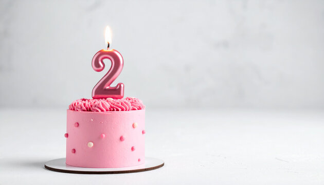 Small birthday cake with burning candle, number two. 2 years old. Second anniversary. Tasty dessert