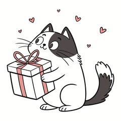 Cartoon Black and White Cat Holding Gift Box with Hearts Border in Simple Flat Style