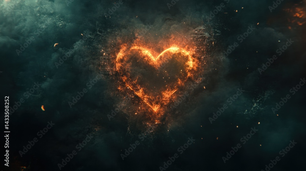 Poster a glowing heart shape is surrounded by dark cloudy patterns