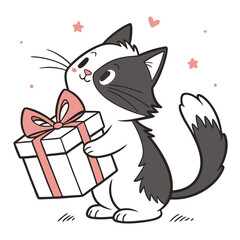 Cartoon Cat with Present Adorable Black and White Kitty Holding Gift Box with Bow