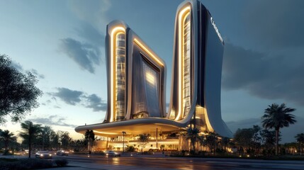 Modern twin towers hotel, night scene, city street