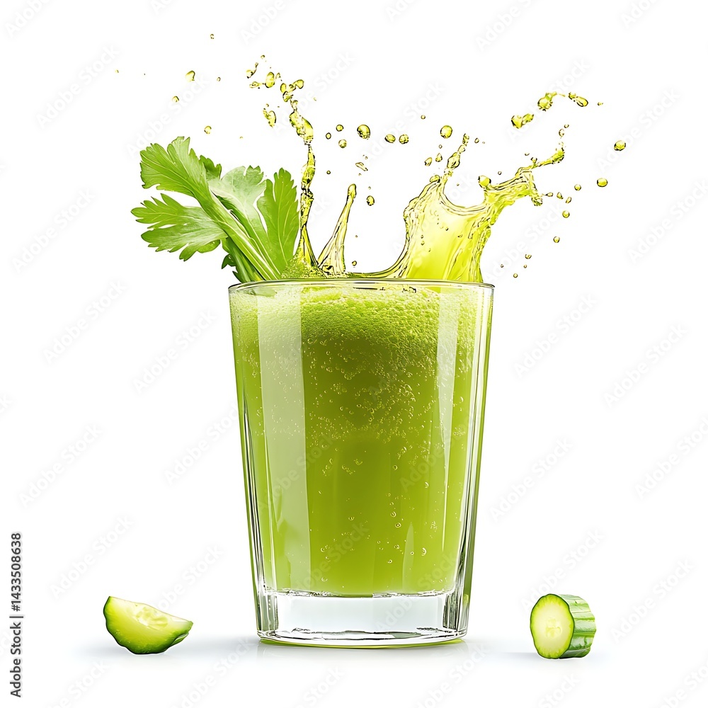 Poster green elixir: a visually appealing composition of a green juice exploding with fresh celery. the ima