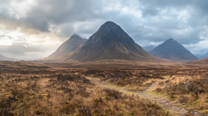 A scenic landscape featuring mountains and a grassy foreground path
