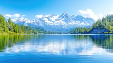 Serene alpine lake reflecting majestic peaks. Lush greenery borders tranquil water, mirroring the snowy mountain range