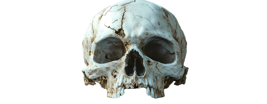 A detailed view of a cracked human skull showcasing its intricate features and textures.
