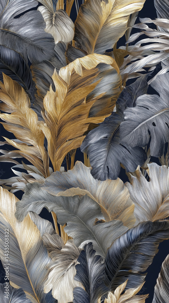 Poster close-up of gold and grey tropical leaves, textured and detailed, creating a luxurious and elegant a
