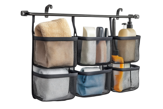 Organized bathroom storage solution with hanging mesh caddies neatly holding towels toiletries and on transparent background