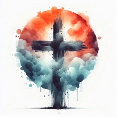 Watercolor paint Cross – Christian Hope and Resurrection Concept. AI generated illustration