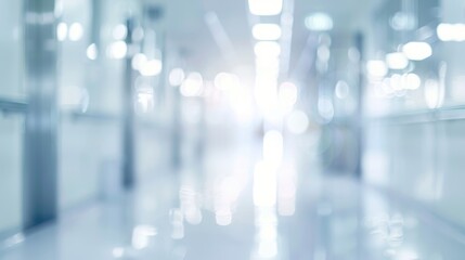 Medical concept background with blurred bright hospital corridor with bokeh light effect
