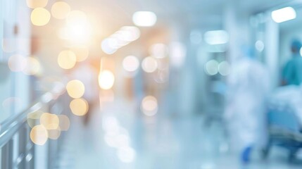 Medical concept background with blurred bright hospital corridor with bokeh light effect