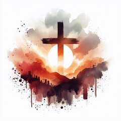 Watercolor paint Cross – Christian Hope and Resurrection Concept. AI generated illustration