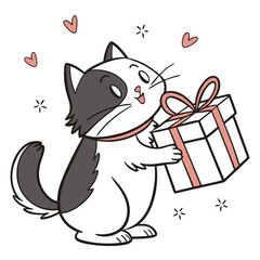 Cartoon Cat Holding Gift Box with Ribbon Bow, Hearts and Stars on White Background