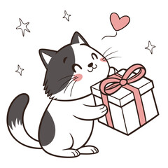 Adorable Smiling Tuxedo Cat Holding Gift Box with Pink Ribbon on Isolated White