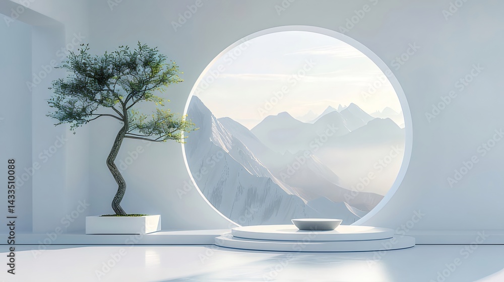 Aufkleber 白く洗練された空間に配された盆栽と山々の風景を望む円形窓