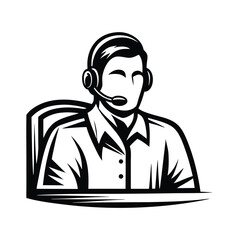Black and White Line Art of a Man Wearing Headset Sitting at Desk