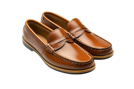 Polished Brown Leather Loafers Stylish Men s Shoes perfect for a formal or casual look detailed on transparent background
