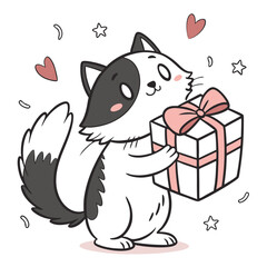 Cartoon Black and White Cat Holding Gift Box with Pink Ribbon and Hearts, Stars