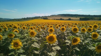 Obraz premium Golden Sunflower Field Under Bright Blue Sky