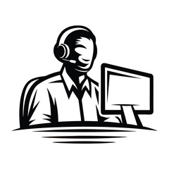 Silhouette of Man with Headset Near Computer, Black and White, Clean Design, Minimalist