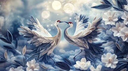 Cranes dancing moonlit night, paper art, flowers, romance