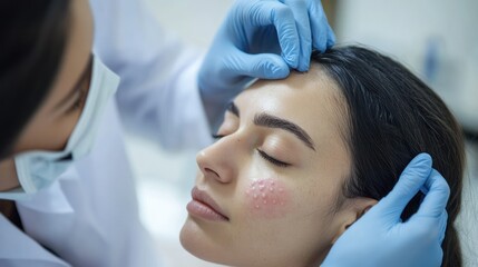 Fototapeta premium Dermatologist examines young adult woman's skin condition using blue gloves medical expertise provided for treatment.