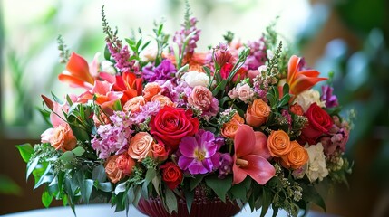Vibrant flower arrangement displaying roses, lilies, and carnations brings colorful, blooming nature indoors.