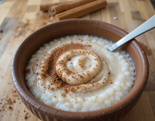 Tapioca pudding topped with cinnamon served in a rustic bowl on a wooden table with cinnamon sticks in the background