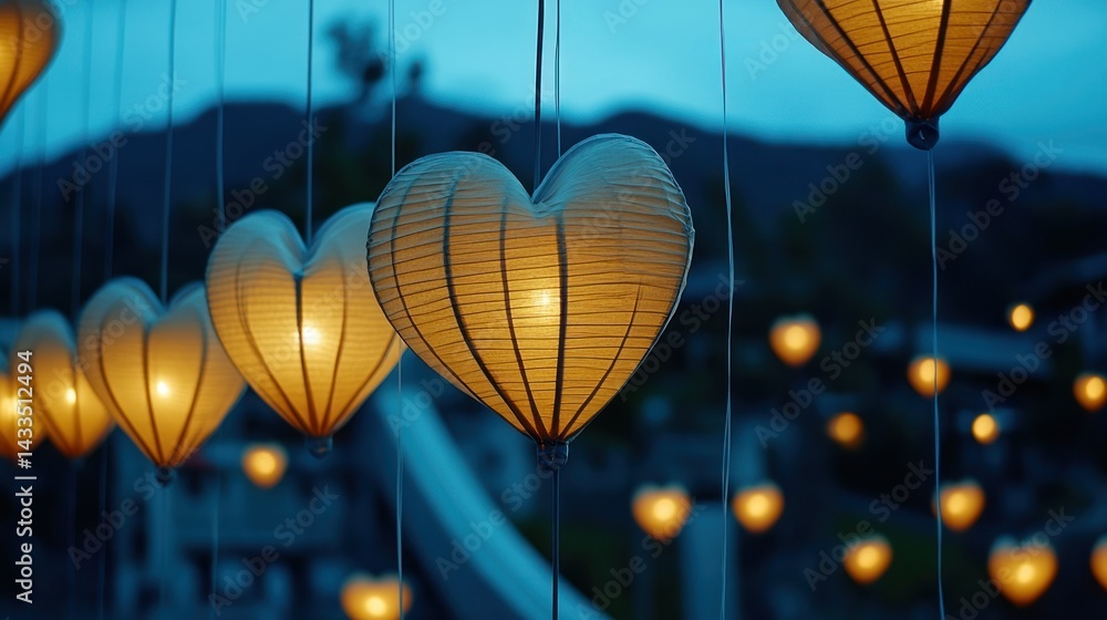 Poster heart shaped lanterns are illuminated in the twilight sky setting