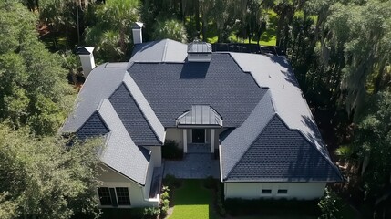 Aerial view of a large house with a dark gray roof, surrounded by lush green trees.
