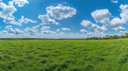 Fototapeta premium Green Field Under a Blue Sky with White Clouds