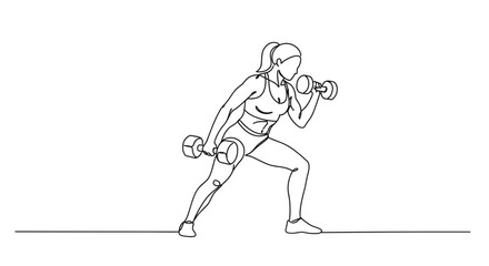 Fitness woman performing a weightlifting exercise with dumbbells illustrated in line art on white background