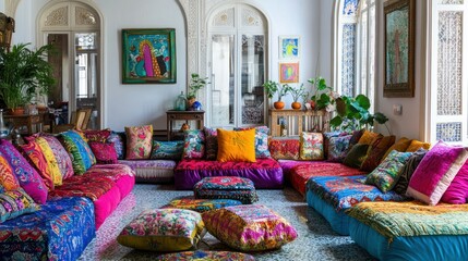 A Colorful And Bohemian Living Room With Comfortable Seating