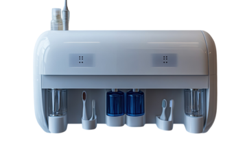 Sleek modern bathroom organizer with toothbrush holders dispenser and stylish blue bottles against a on transparent background