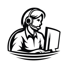 Minimalist Silhouette Woman with Headset at Computer in Black and White Design