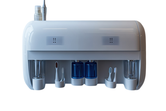 Sleek modern bathroom organizer with toothbrush holders dispenser and stylish blue bottles against a on transparent background