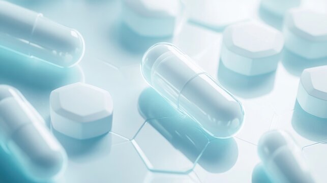  Close up of medical pills and capsules on hexagonal background with blue tone - Powered by Adobe