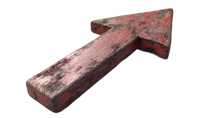 Weathered Red Wood Arrow 3D Directional Sign Isolated Graphic.