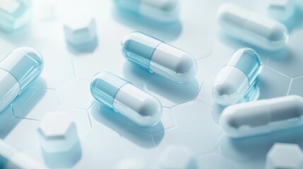  Close up of medical pills and capsules on hexagonal background with blue tone