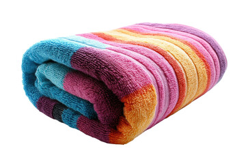 Soft colorful rolled beach towel isolated on black background vibrant stripes summer texture fluffy on transparent background