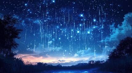Shimmering Night Sky Filled with Falling Stars