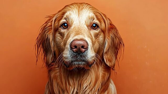 Golden retriever dog portrait against bright orange backdrop