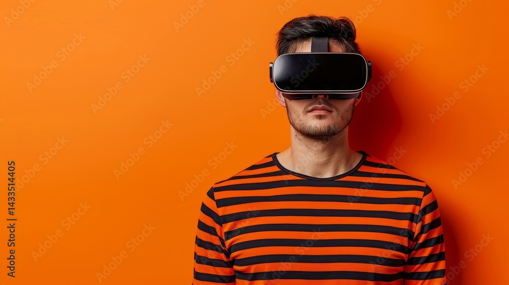 Poster portrait of a man immersed in virtual reality with vr glasses in a minimalist studio setting