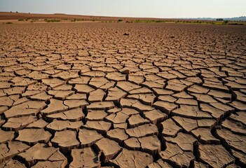 Fototapeta premium Dried, cracked earth in a formerly fertile field, ecosystem collapse, desertification