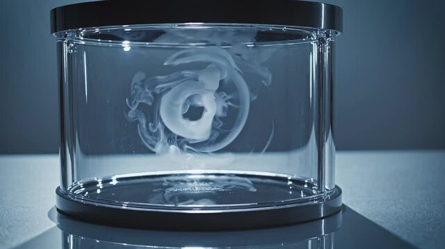 White vapor swirls inside a transparent glass chamber under cool blue light, evoking a scientific experiment or high-tech lab mystery.